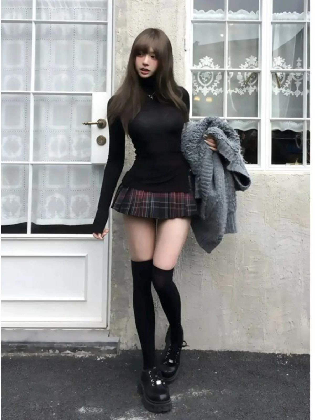 

Women's Autumn 2024 Pure Desire Design Slimming High Collar Long Sve T-irt Skirt Set Waist Cinched Midi Skirt Faionable