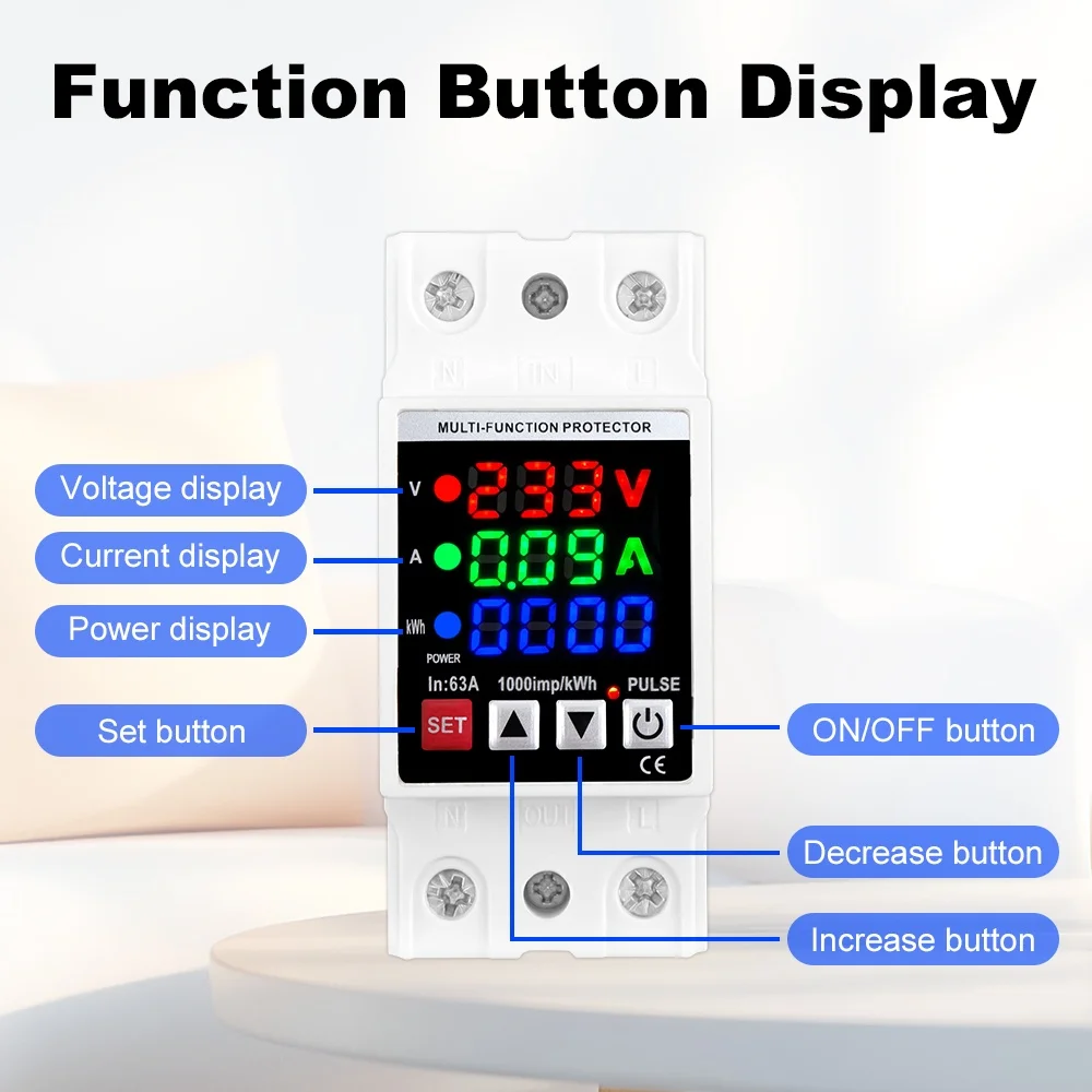 شاشة 3IN1 63A قابلة للتعديل من الجهد الزائد وتحت الجهد جهاز حماية التتابع على حد الحماية الحالي