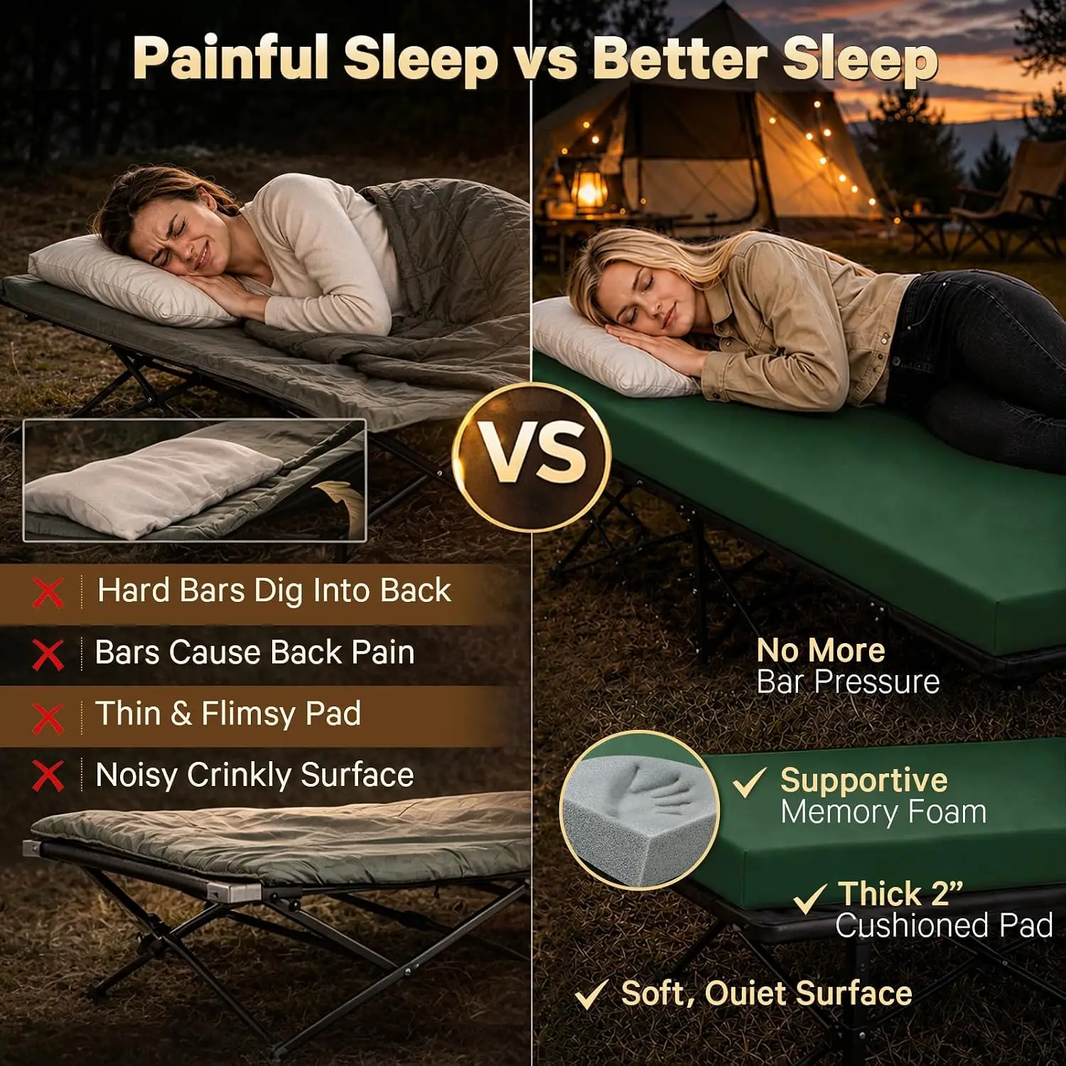 Camping Cot Pad 2 Inch Memory Foam, Camping Pad for Folding Cot and Foldable Cot, Portable Roll Up Camp Gear for Car Camping Tra