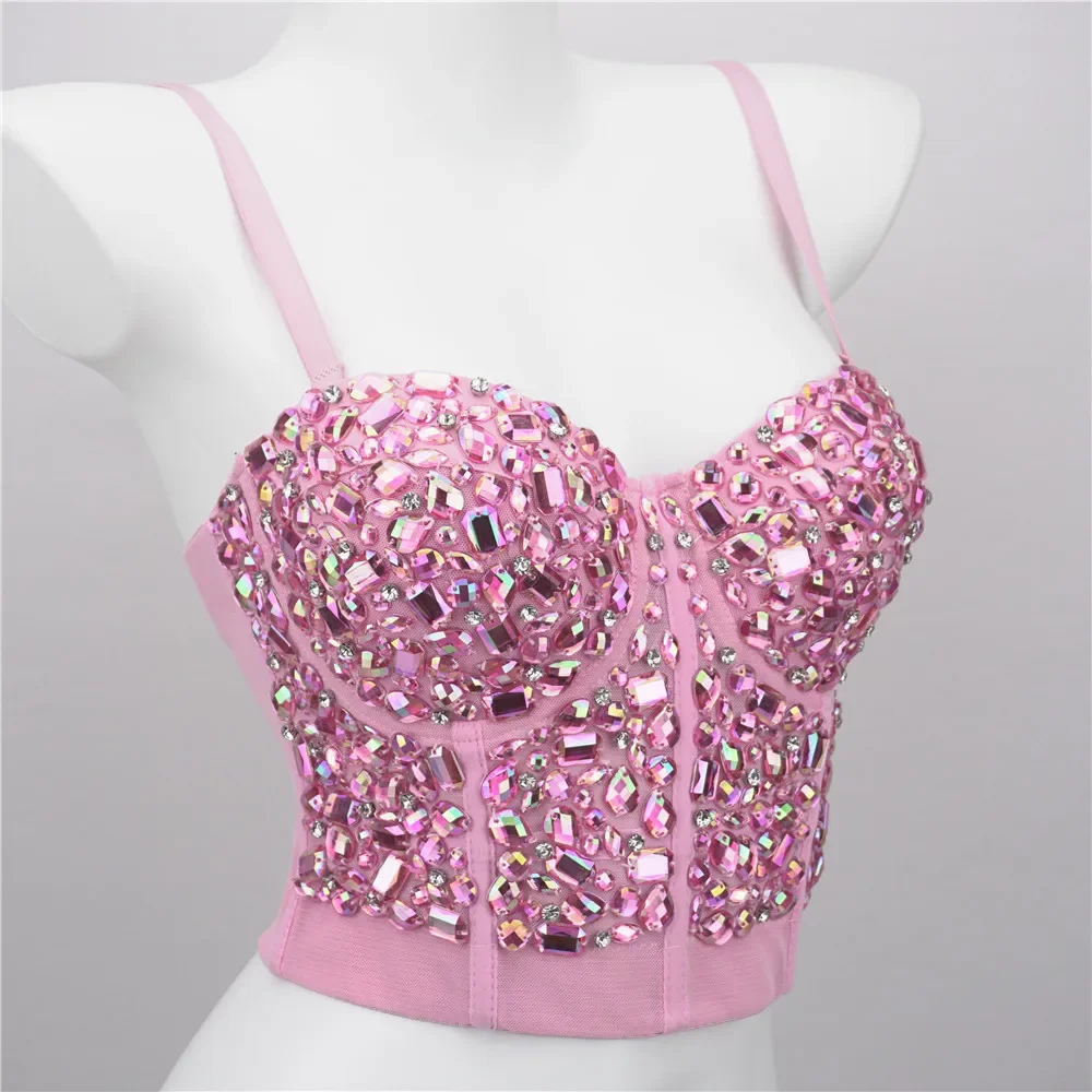 Mermaid Laser Style Pink Acrylic Diamond Bling Bling Corset Bras Push Up Crop Top Punk Bustier Goth Ballroom Costume Stage Party