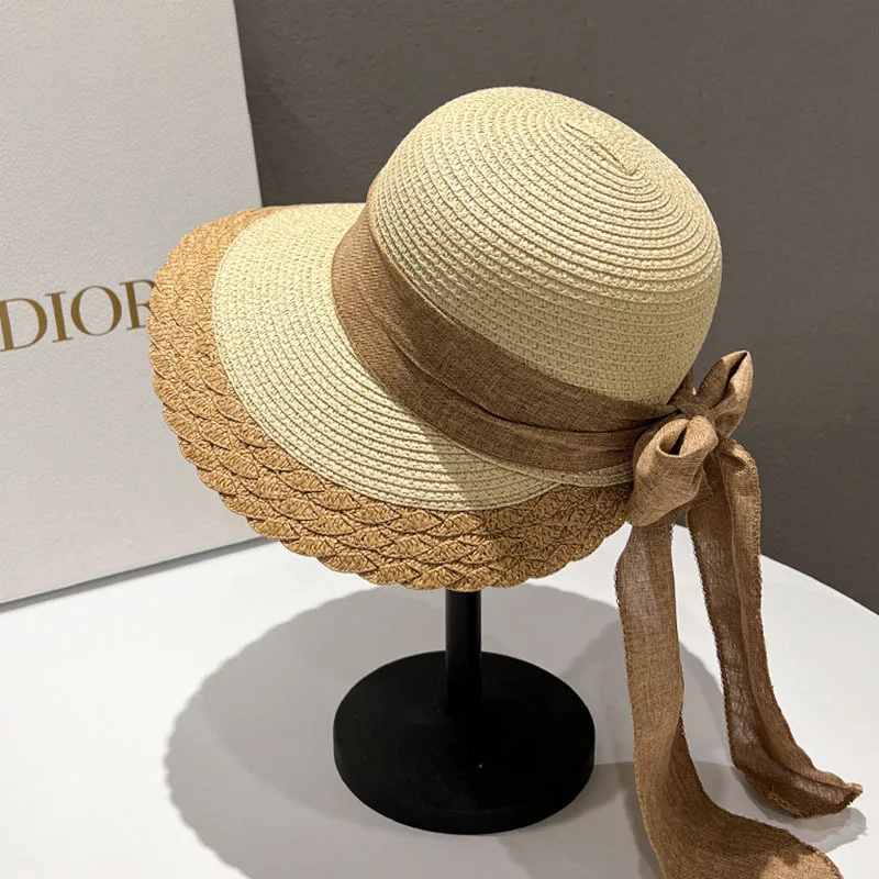 DONGYUN006 Summer Women casual straw hat New lady girl casual large wide brim paper sun hat Bowknot panama cap for holiday