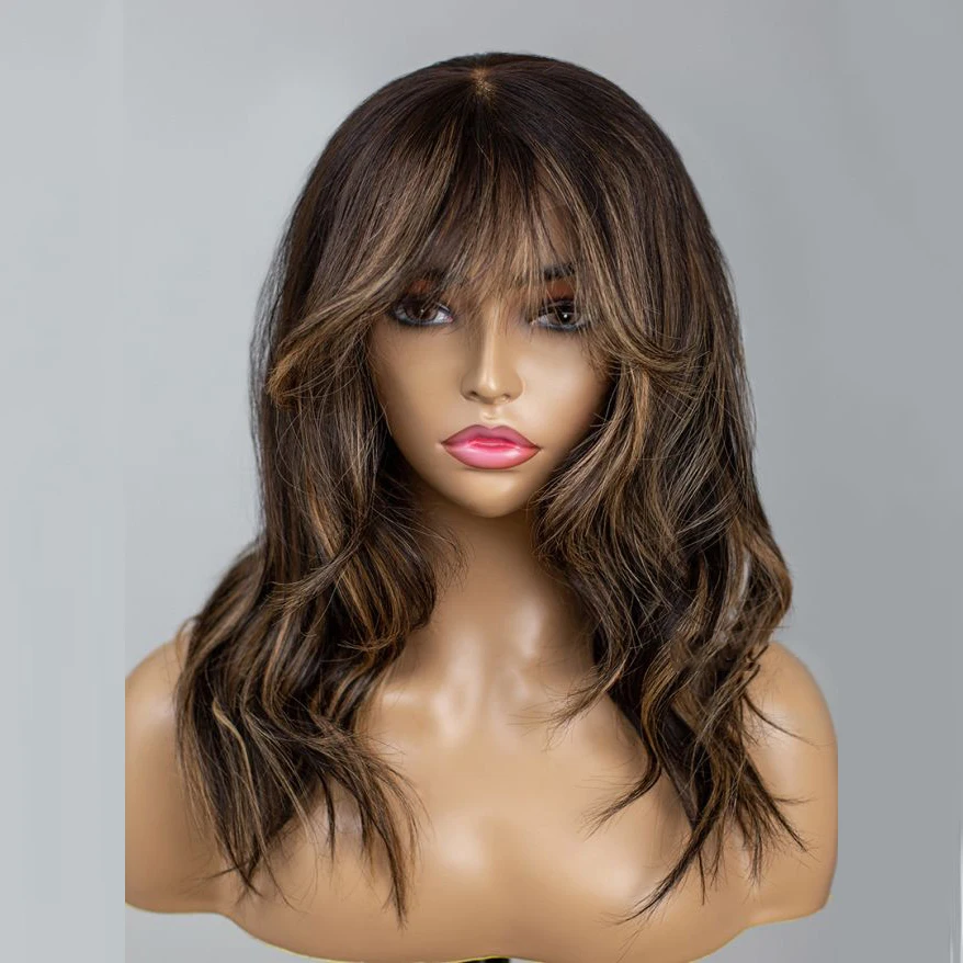 Blonde Highlight Curtain Bangs Wavy Lace Front Wig Brazilian Human Hair Wigs with Bangs Natural Looking Fringe Wig for Women