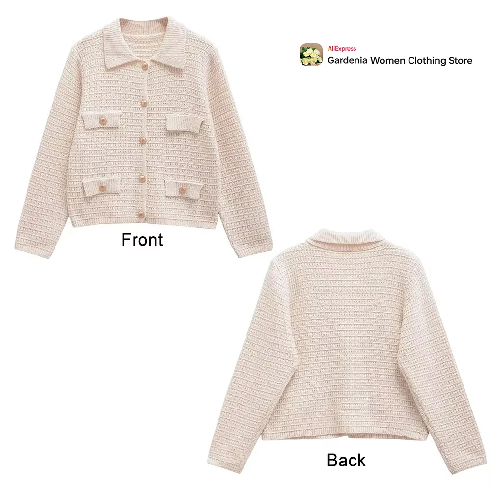 Casual Collar Knit Jacket Elegant Women Long Sleeves Jacket with Lapel Collar Featuring Front Lapels Gold-tone Button Fastening