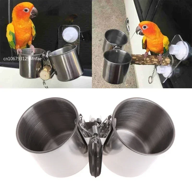 Taza alimentadora de aves con abrazadera, plato de alimentación de acero inoxidable, cuenco de comida y agua para loros, grises africanos,