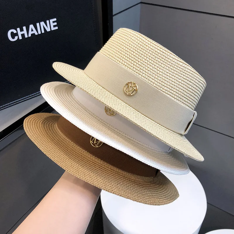 Women French Flat Top Straw Hat Elegant Ladies Sun Hat Beach Vacation Anti-UV Shading Summer Fashion Headwear 3