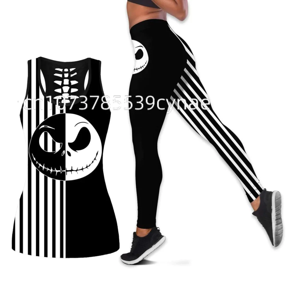 

2024 Jack Skellington Hollow Vest + Womens Leggings Yoga Suit Fitness Leggings Sports Suit Disney Tank Top Legging Set Outfit