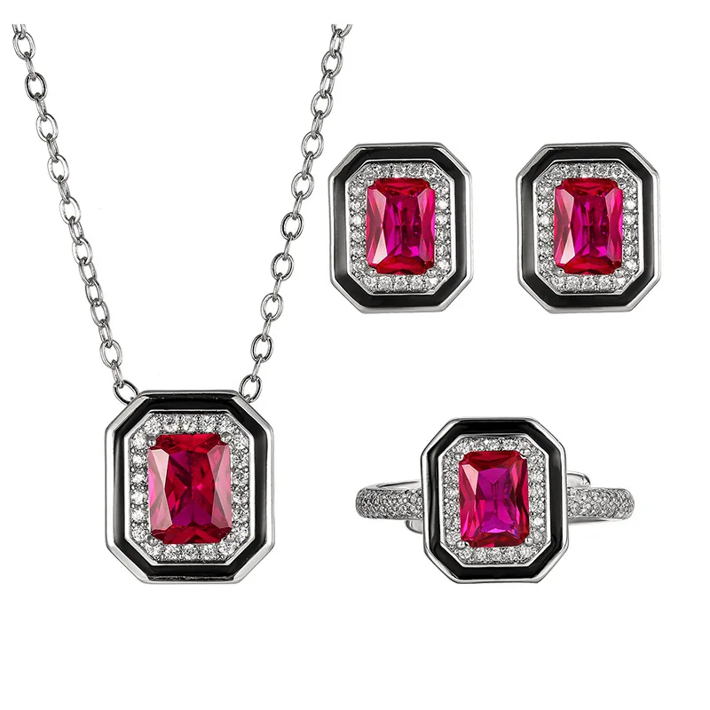 Womens Red Square Gemstone Jewelry Adjustable Ring Necklace Earrings Elegant Geometric Statement Jewelry for Party Wedding Gift