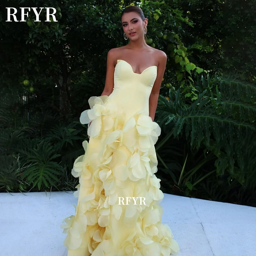 

RFYR Mermaid Pom Dress with 3D Flowers Mermaid Party Dress Sweetheart Yellow Gala Dress Evening Dress for Arabic Women Customize