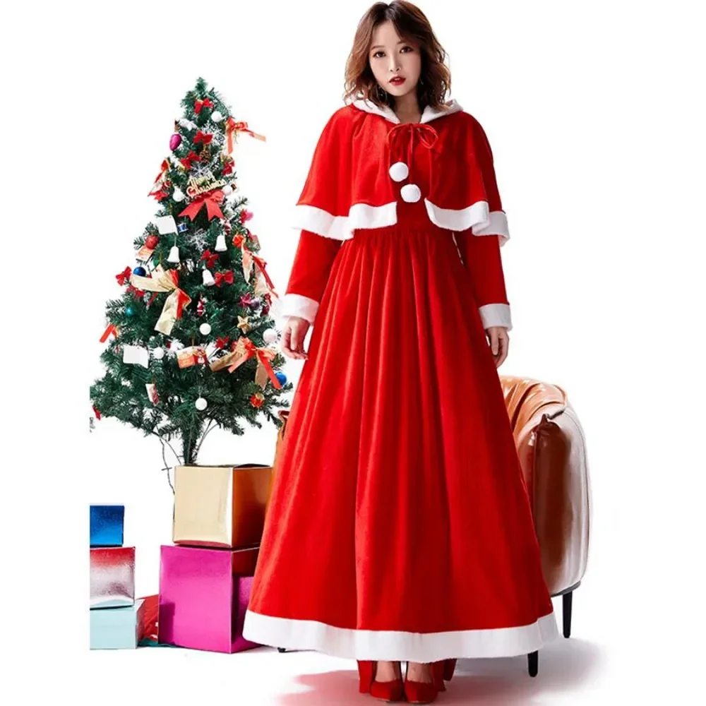 Langes Weihnachtsmann-Kleid für Damen mit Kapuzenumhang, rotes Samtkostüm mit pelzigem Besatz, ideal für Urlaubsparty, Cosplay