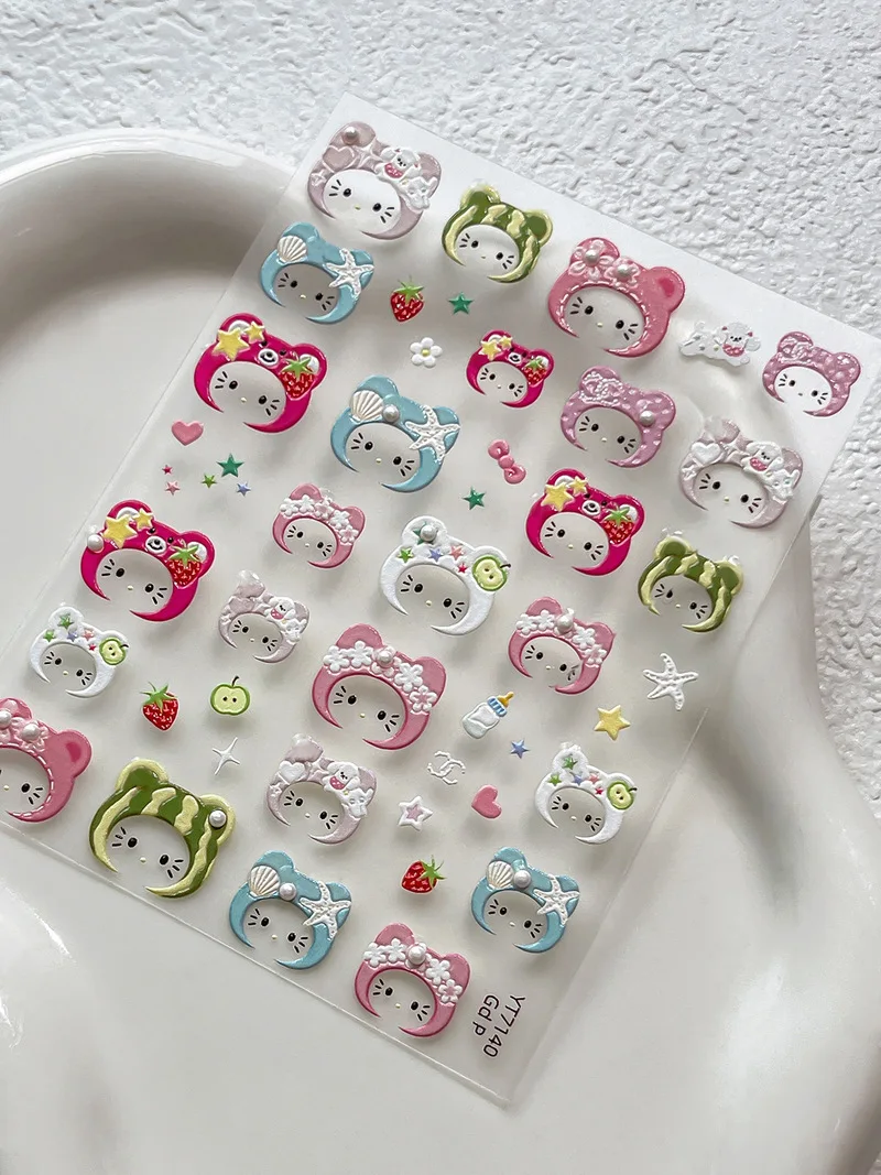 Gato dos desenhos animados kt fone de ouvido pérola geléia bonito leopardo impressão decorativa arte do prego adesivos alto valor estético brinquedo & hobby adesivo