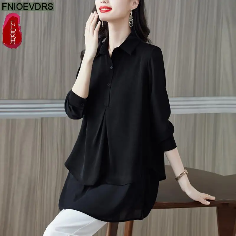 M-3XL 2023 Women European Style Fashion Elegant Office Lady Work Button Shirt Casual Black Robe Tunic Peplum Tops And Blouses