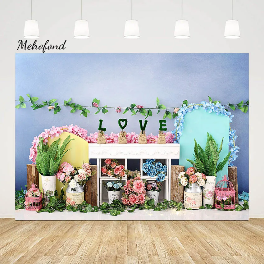 

Mehofond Valentine's Day Photography Background Pink Blue Rose Flower Fall in Love Backdrop Party Arch Pannel Decor Photo Studio