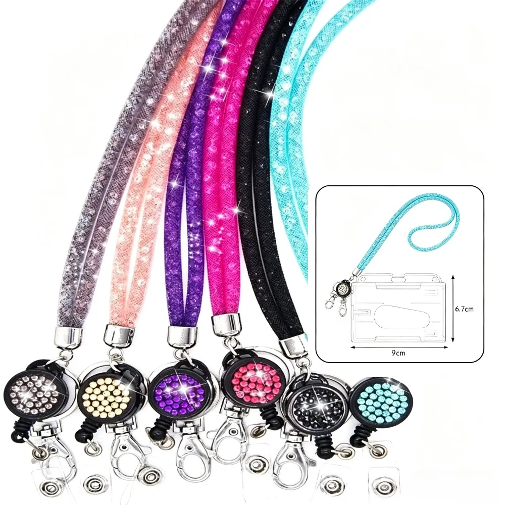 Dazzling Rhinestone Neck Lanyard Set, Retractable Badge Reel with Clear ID Badge Holder Metal Clasp Key Ring for Office School