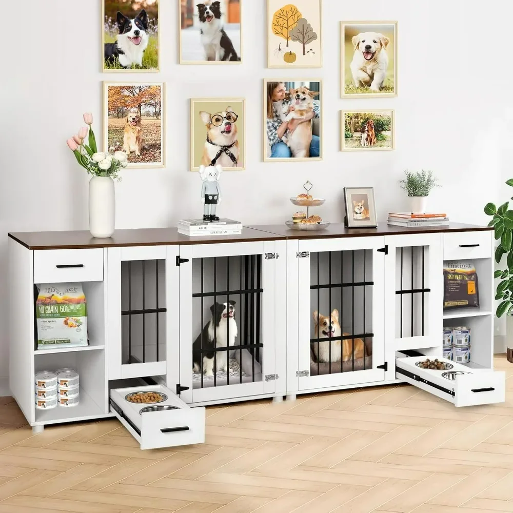 

Dog Crate, Large Wooden Dog House with Drawers and Heavy Duty Kennel Indoor with Room Divider and TV Stand Cabinet, Dog Crate