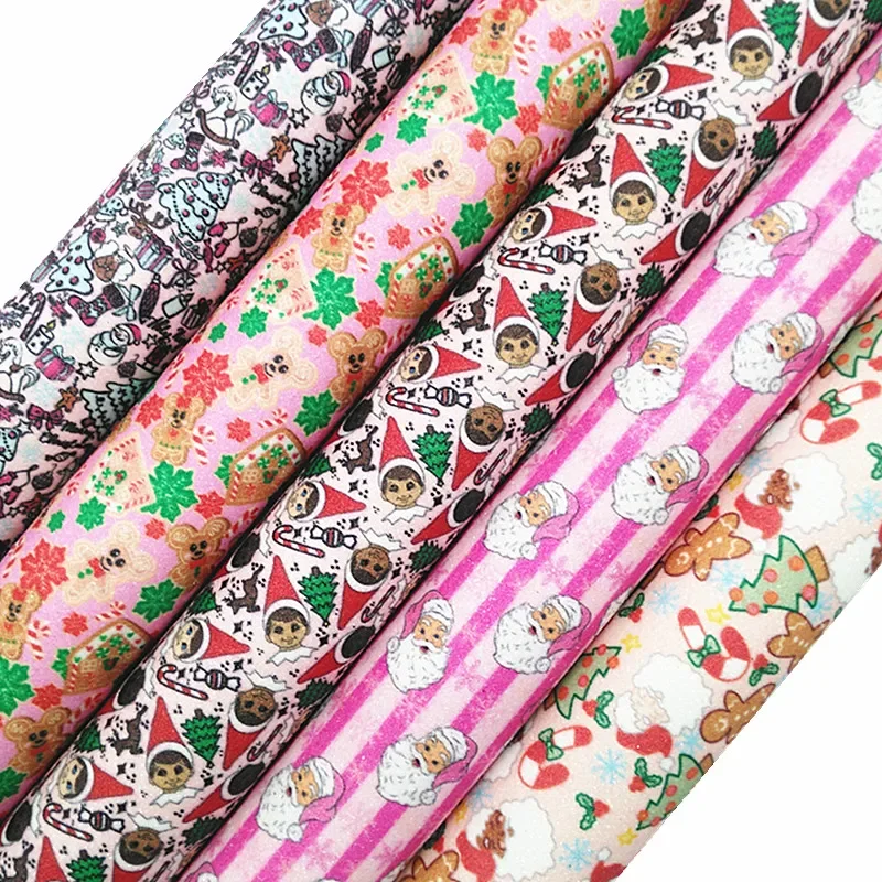 Мини рулон рождественской елки 30 х134 см, Elfs Santas блеск с принтом, кожаные листы, фетровая спинка, мерцающий блеск для бантов, ремесло MB1000