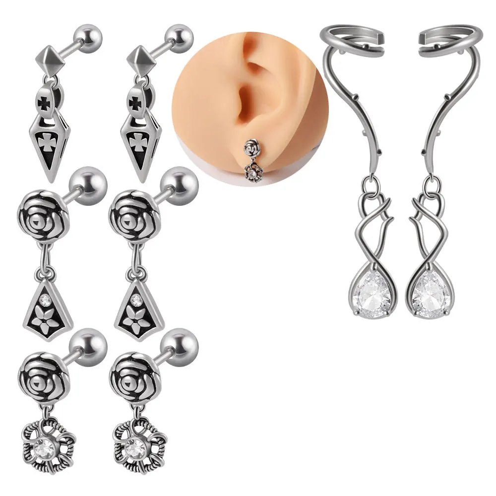 

Guemcal 1 Pcs Rose Cross Water Drop Zircon Ear Clip Stainless Steel Lotus Earrings Piercing Puncture Screw Ear Bone Nails 16G