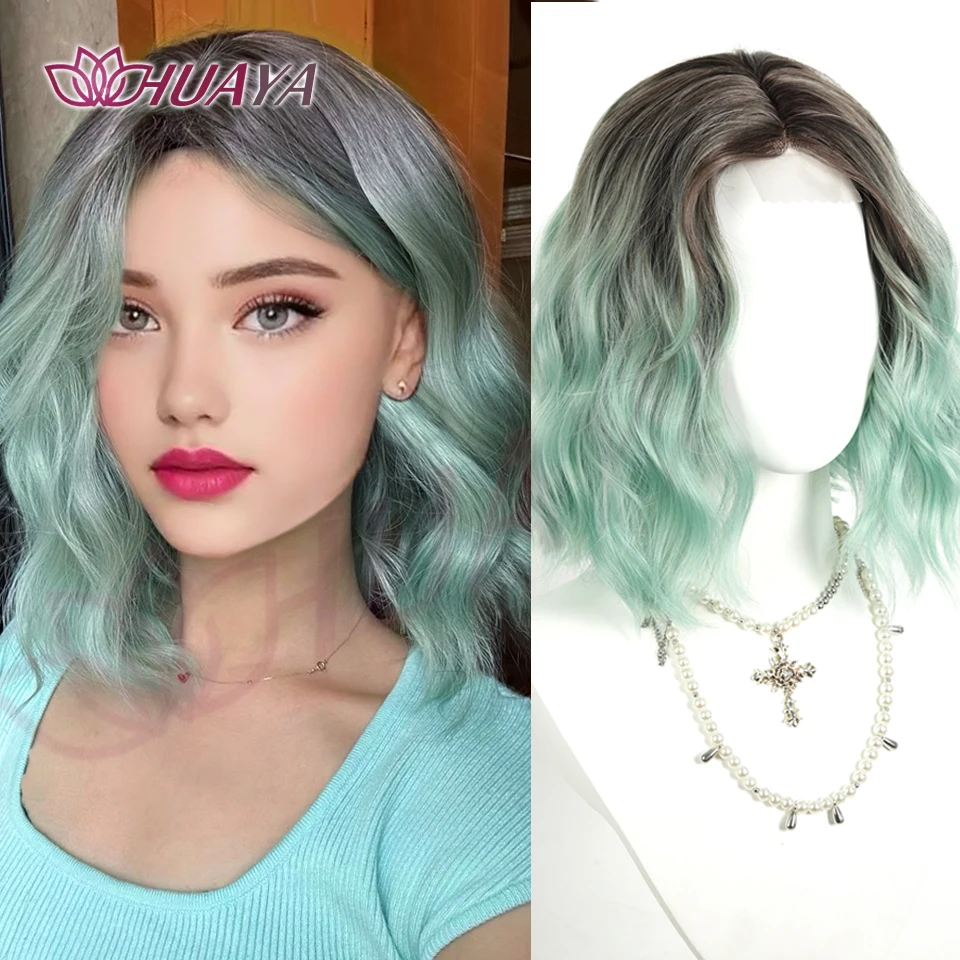

Ombre Зеленый Парик Боб Короткие Волнистые Свободные Вьющиеся Синтетические Парики для Женщин Кружева Фронта Косплей Костюм Партии Термостойкие