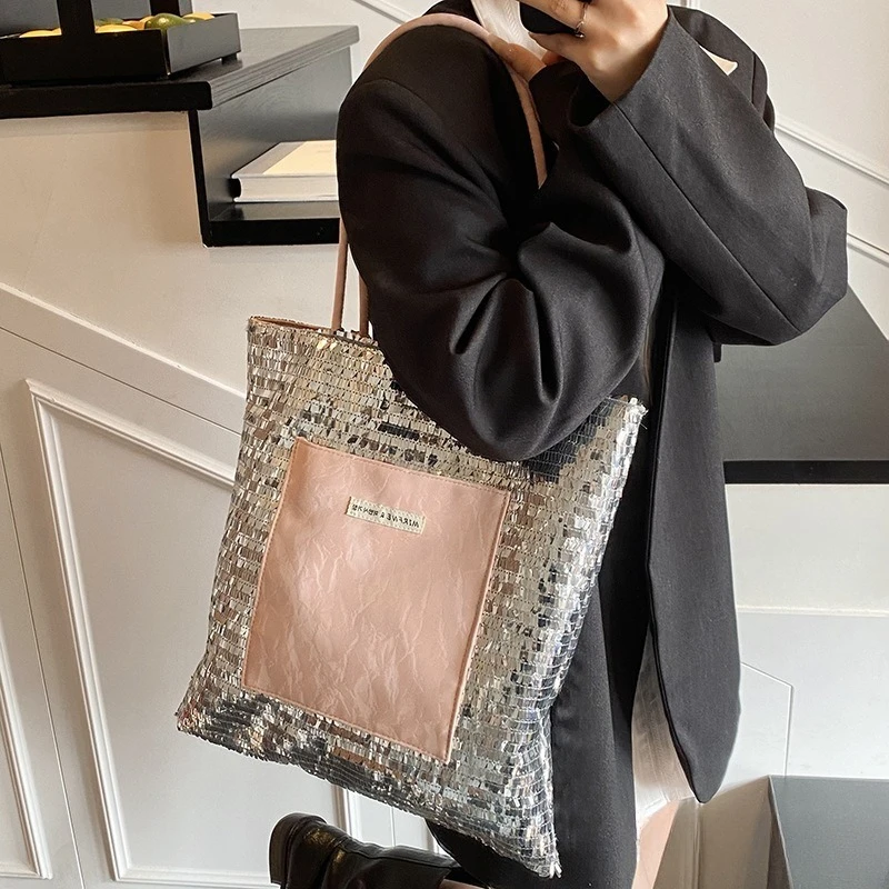 

Commuter To Work Sequined Tote Bag Women's 2025 New Fashionable Simple Large-capacity Shoulder Bag Feeling