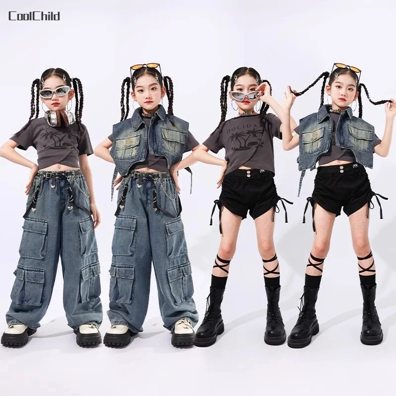 Hip Hop Girls Retro T-shirt Denim Vest Jeans Cargo Pants Children Street Dance Shorts Clothes Set Kids Streetwear K-pop Costumes