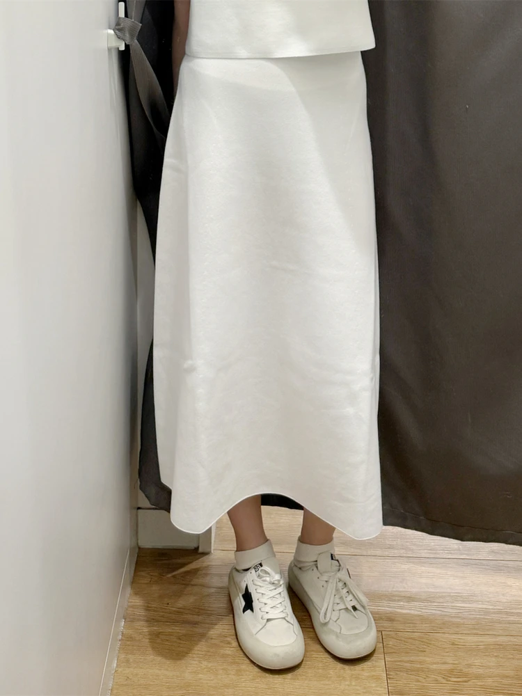 

Вязаная юбка-миди А-силуэта с завышенной талией, расклешенным подолом и бахромой, для повседневной носки