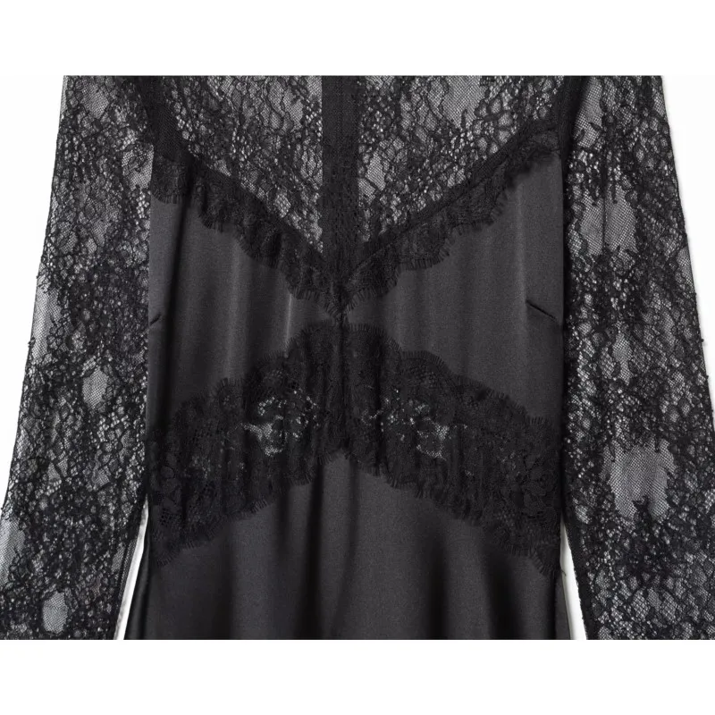 ربيع الخريف المرأة الساتان فستان طويل مع الدانتيل مجتمعة عادية أنيقة سليم المرأة فستان موضة فستان الحفلات النسائية