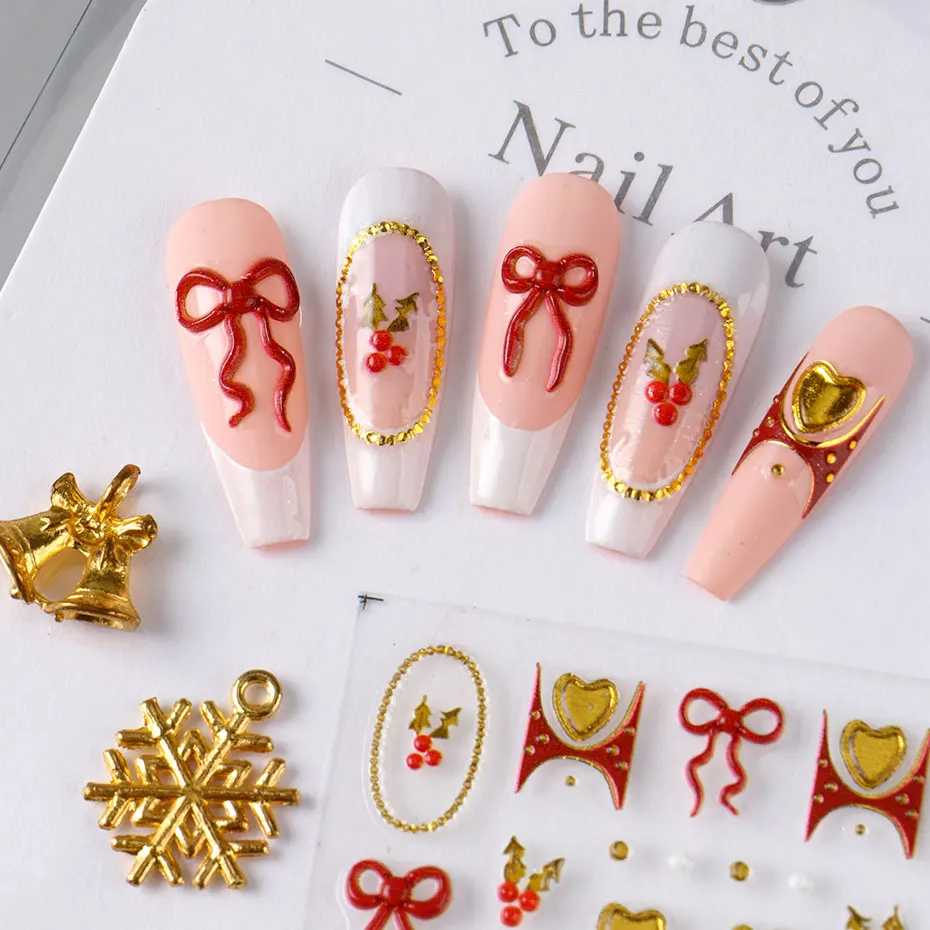 1/2 قطعة 5D لطيف تنقش Bowknot القلب المنزلق لمسمار Kawaii هولي ليف الذهبي الحب تصميم ملصق الفرنسية مانيكير اكسسوارات