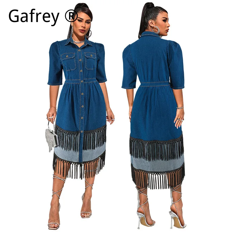 

Plus Size 5XL Women Lapel Denim Dress Short Sleeve Two Tone Tassel Long Maxi Dress Fashion Streetwear Slim Fit Soft Jean Outfit