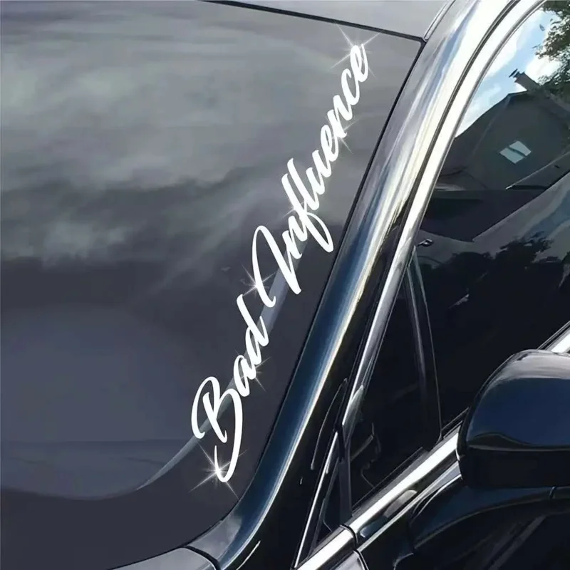 

Bad Influence" Vinyl Sticker - Black Anime-Style Car Decal with Golden Wheels, Self-Adhesive for Front & Rear Windshield