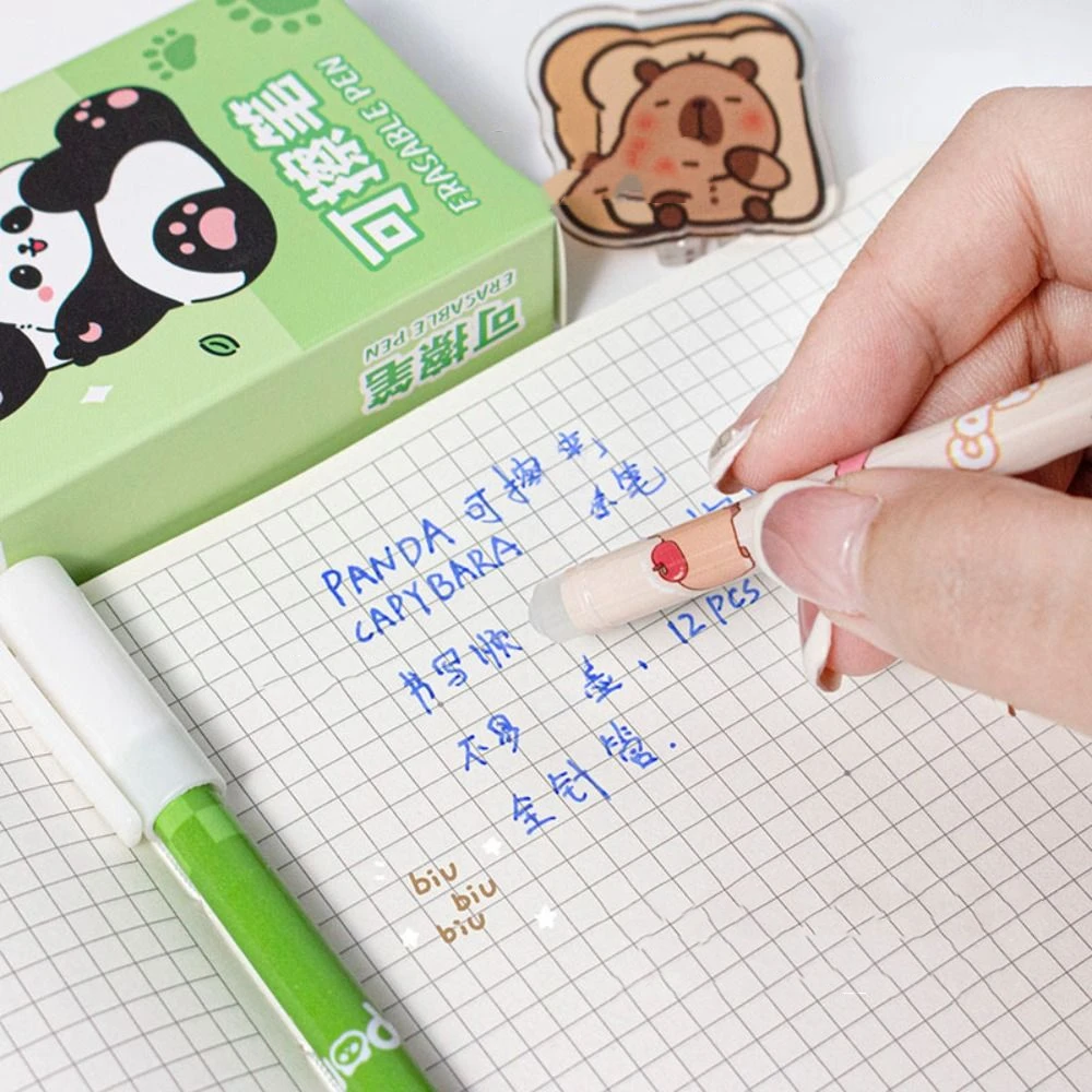 12 Pcs/Set Capybara Pattern Erasable Pen Quick-Drying Blue Ink Writing Smooth Office Accessories Stationery Elegant Pen