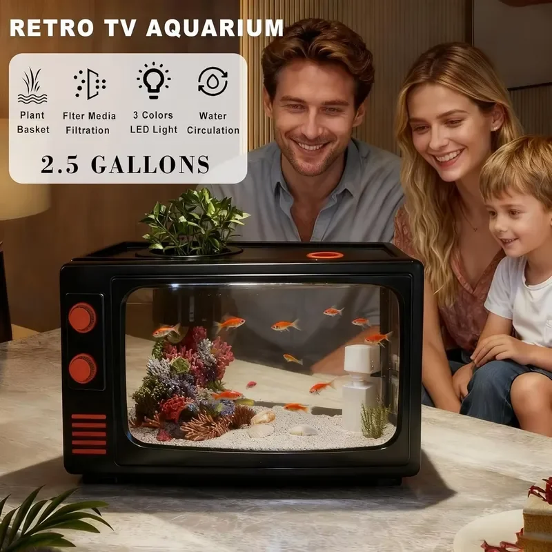 Retro TV Shaped Fish Tank 2.5 Gallon ABS Clear Aquarium Kit with LED Light Filter and Plant Holder for Betta Home Desk Decor