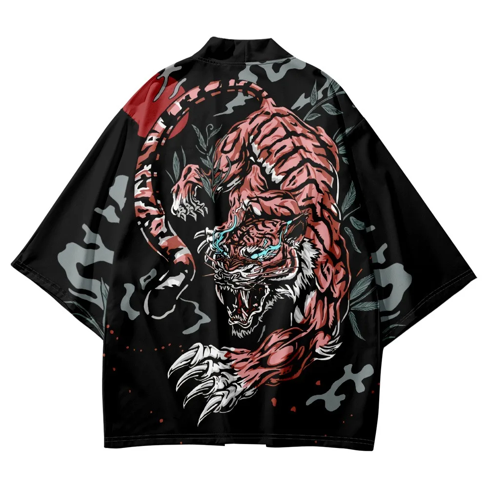 

2023 Summer Chinese Style Tiger Print Kimono Streetwear Men Women Cardigan Haori Harajuku Robe Clothes Traditional Tops