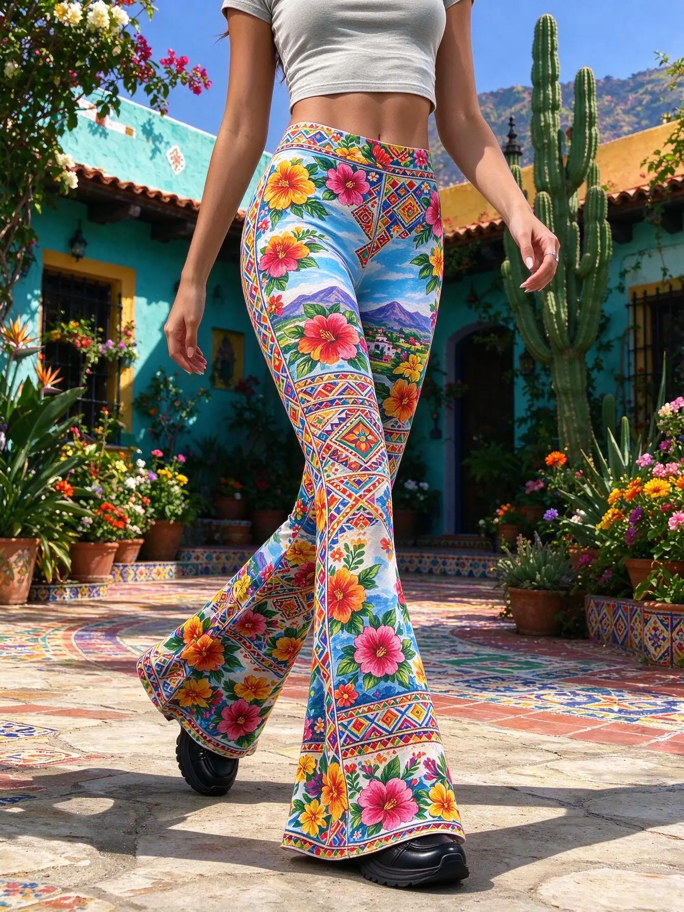 Women Mid-Rise Slim Flared Pants Mexican Tropical Floral Mountain Scenery Print Stretch Bell Bottoms Ladies Bohemian Trousers