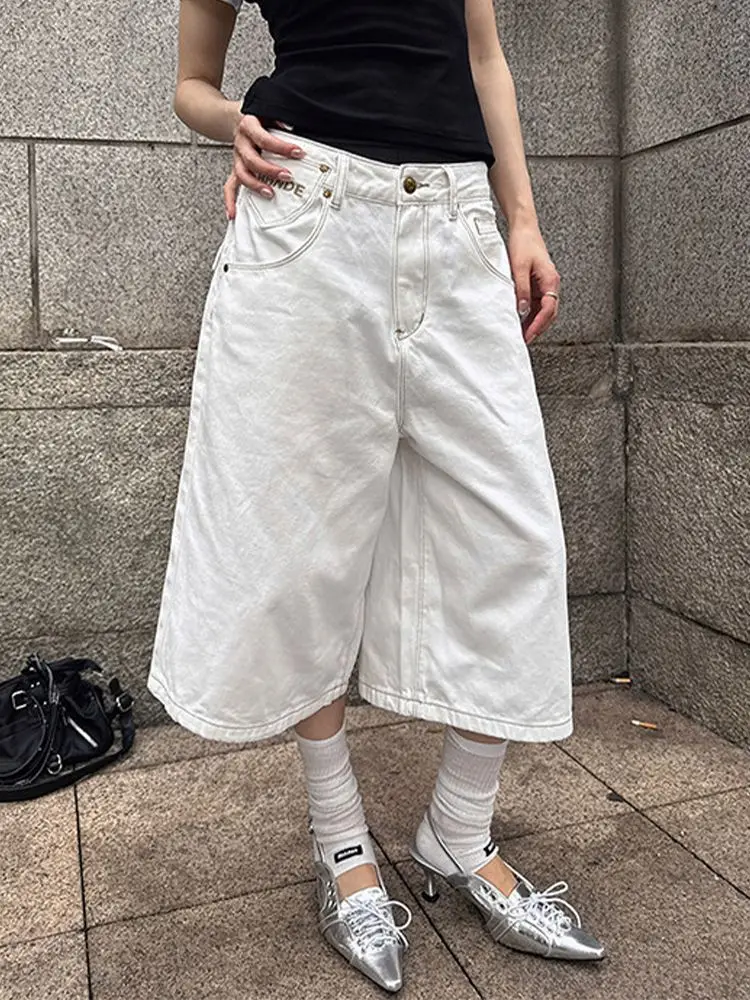 American Retro Adjustable Buckle Jeans Street Design White Loose Straight Cropped Pants