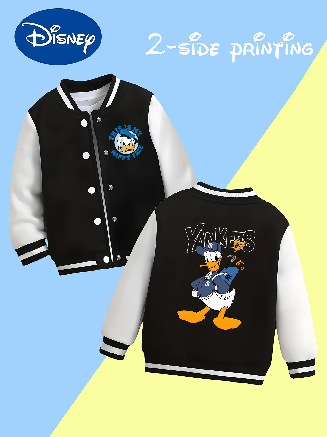 

MINISO Disney Donald Duck trendy boys' baseball jacket - lettering and cartoon combination, Donald Duck print, versatile