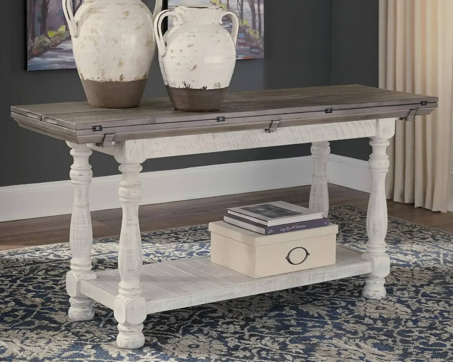 Havalance Farmhouse Sofa Table,Flip Top Design for Additional Dining Space & Fixed Lower Shelf,Gray&White with Weathered Finish