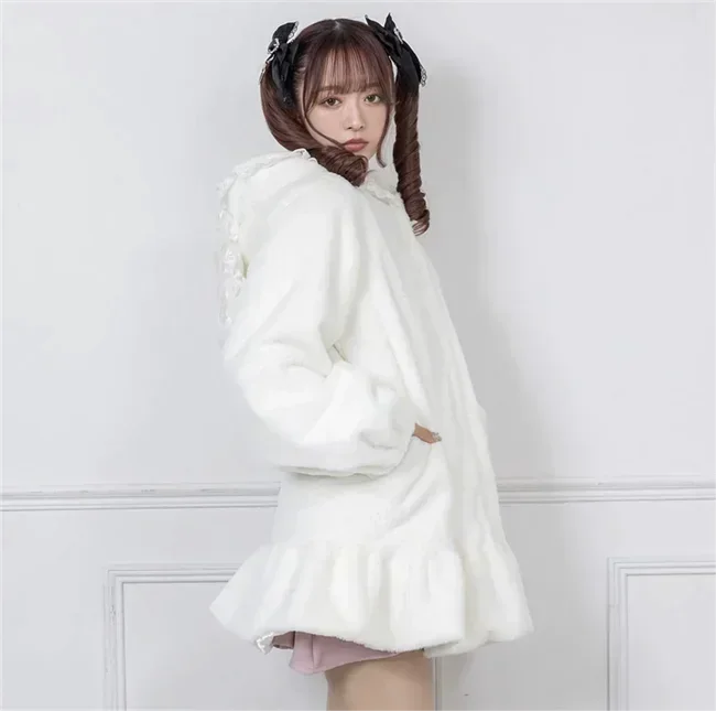 Autumn Winter Fashion Loose Mid-length Woolen Jacket Girl Sweet Cute Japanese Rabbit Ear Hooded Plush Faux Fur Coats Tops Mujer