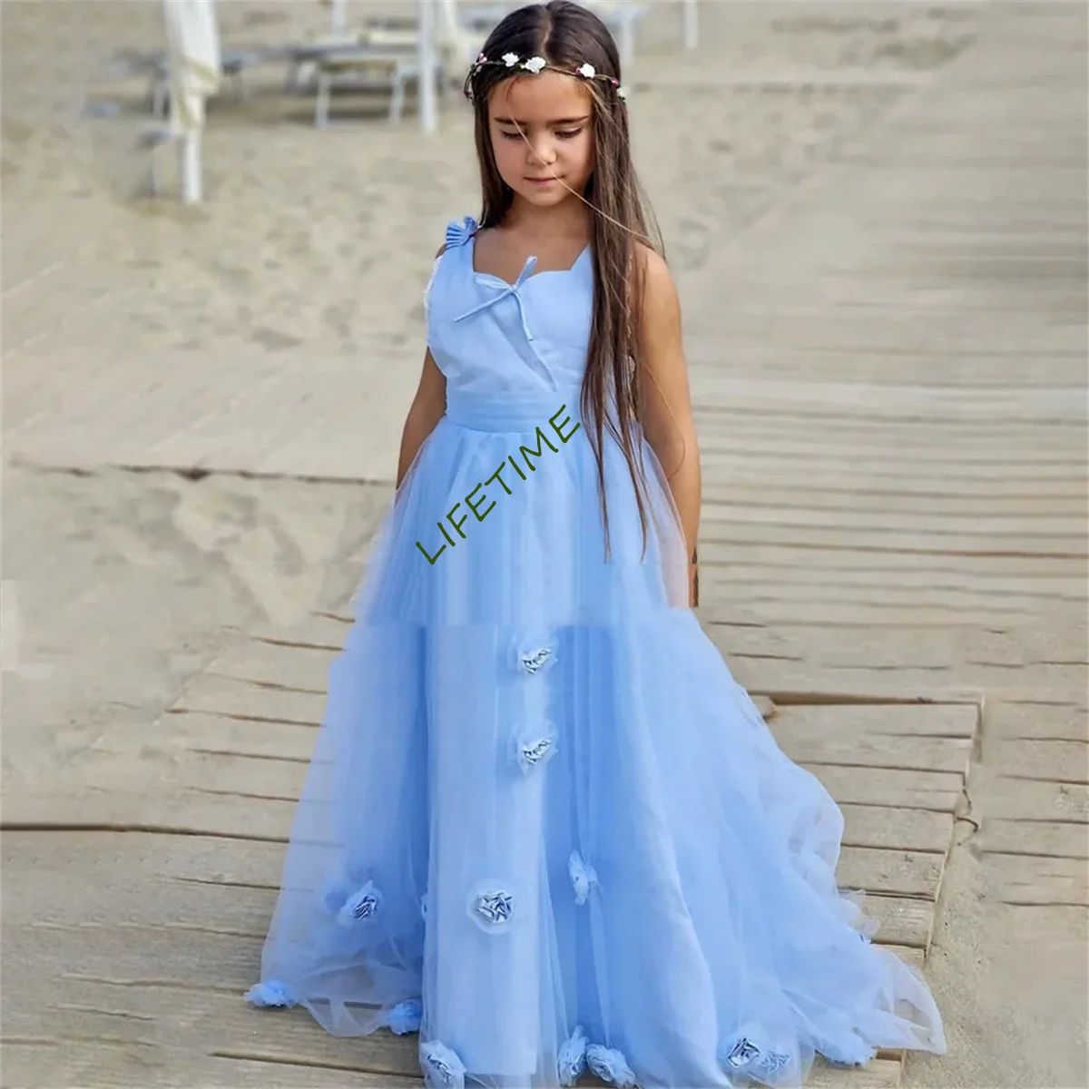 Flower Girl Dresses 2023 Sky Blue Girls Cute Lace Dresses Formal Princess Gowns For Wedding Party Tulle Junior Bridesmaid Dress