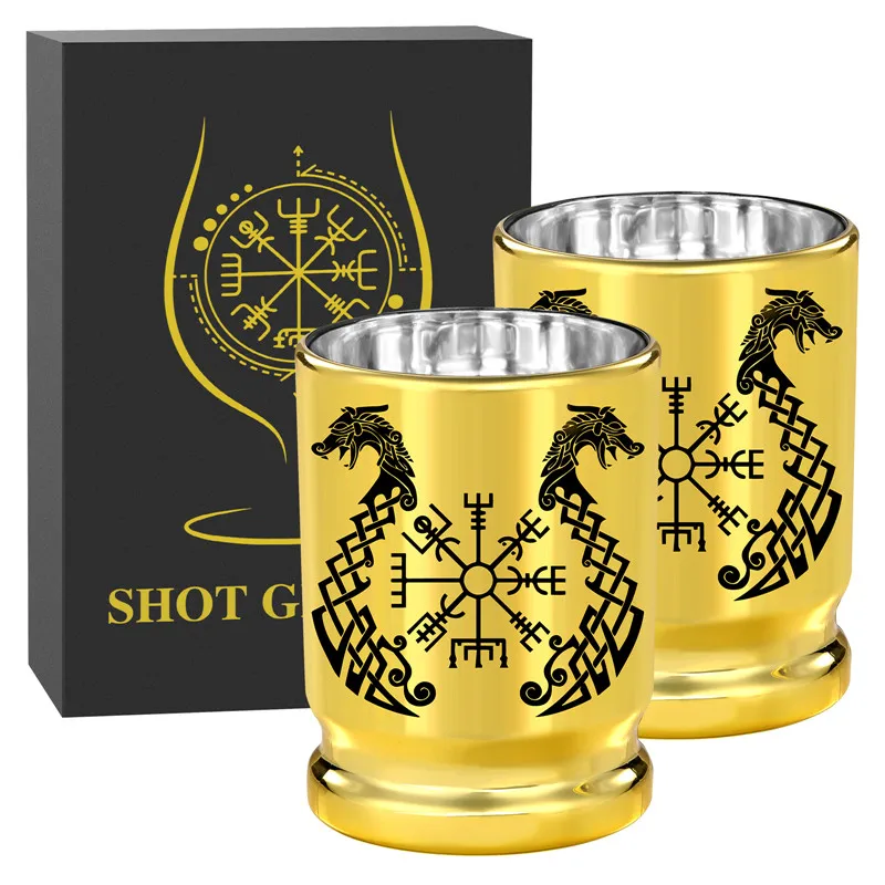 

2pcs/set 50 Caliber Bullet Shot Cups for Whiskey Liquor Totem Dragon Design Golden Plastic Shot Glasses Wedding Gift Set