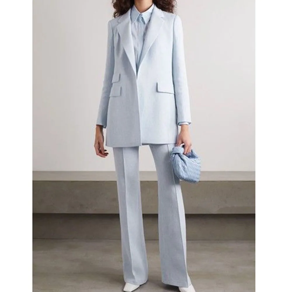 Pretty Light Blue Suits for Women Single Breasted 2 Pieces Jacket Pants Female Clothing Slim Fit Formal Office Lady's Costume