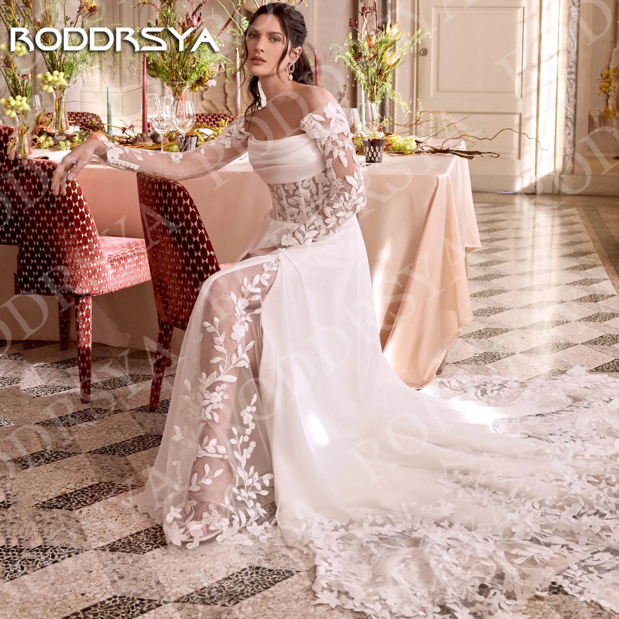 RODDRSYA فستان زفاف على شكل حرف A بأكمام طويلة للنساء رومانسي بدون أكتاف دانتيل بفتحة عالية فساتين زفاف مخصصة فيستدو دي نوفيا خط فستان زفاف طويل الأكمام امرأة رومانسية قبالة الكتف الدانتيل عالية الشق فساتين العروس مخصص