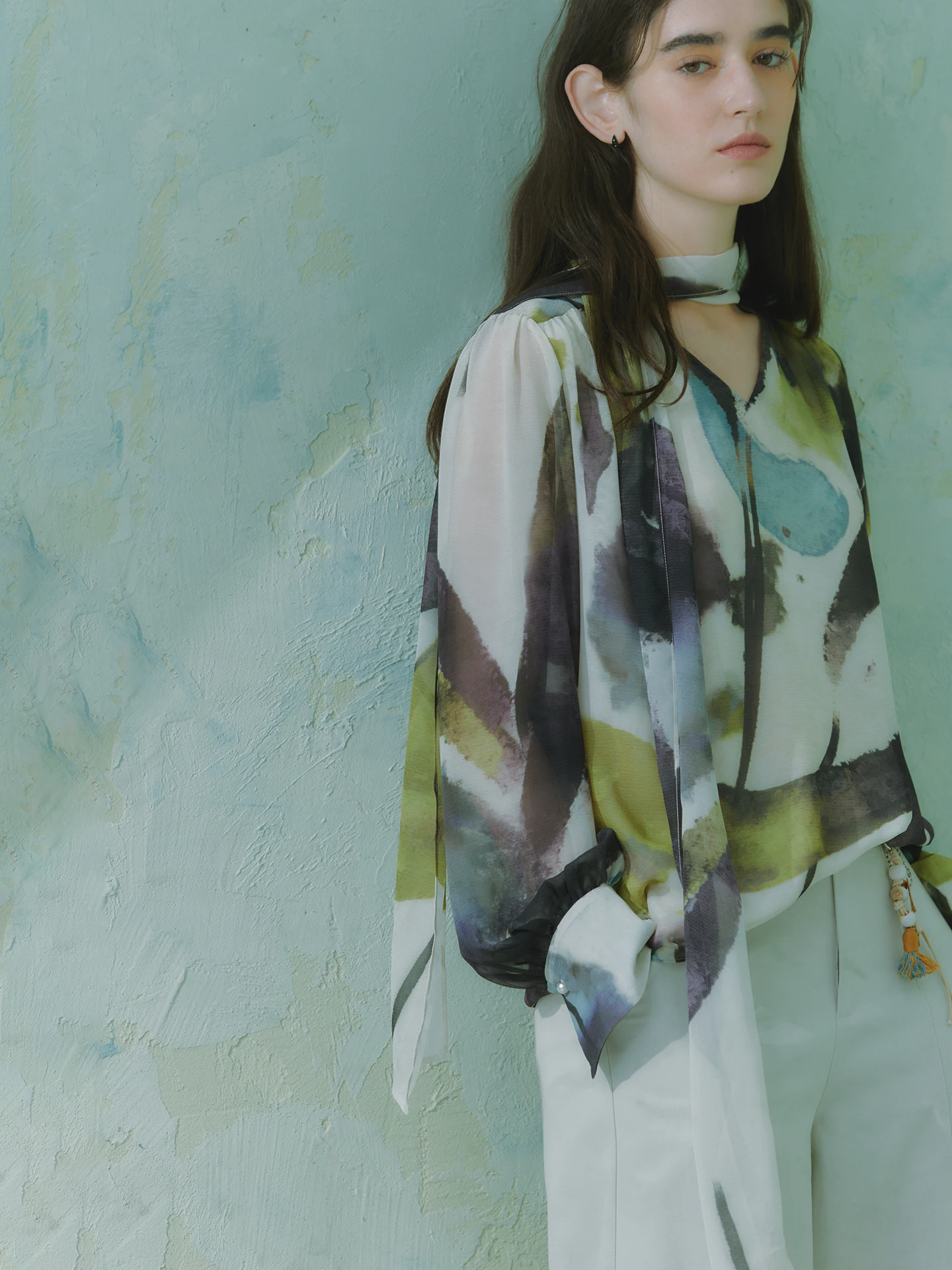 

Oz "Ink Dyed Spring Silk" Women's Abstract Eastern Calliaphy Dyeing Draped irt Long Sve Loose Fit Printed Blouse