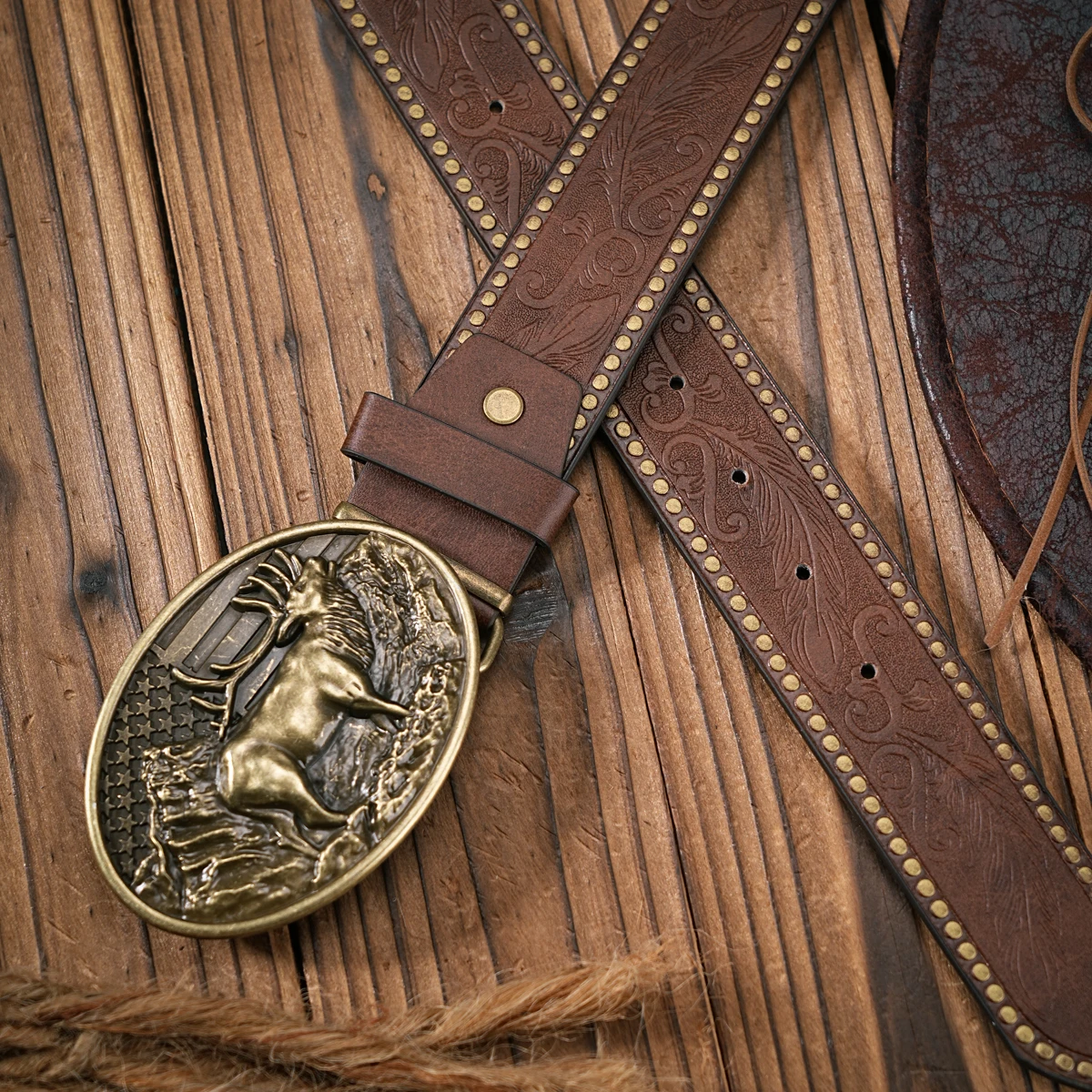 Herren - Damen - Western-Denim - PU-Leder - Gürtel - Vintage-Jeans mit geschnitzter Schnalle – Detail 4