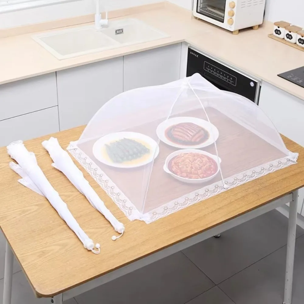 Foldable Food Mesh Cover Washable Breathable Food Umbrella Hanging Loop Lace Edges Pop-Up Food Cover Home Meal Protection