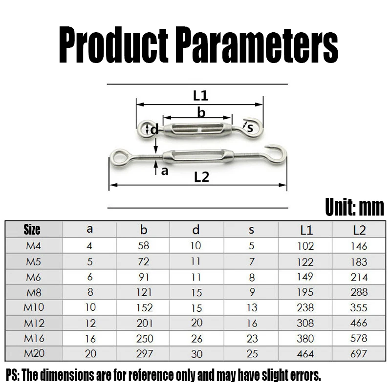 1PCS M4-M8 304 Stainless Steel Turnbuckle Wire Rope Tensioner Hook & Eye Turnbuckle Bolt Hook Rigging Eye Screw Adjustable