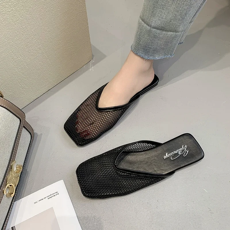 Women\'s Summer Home Slippers Mujer 2022 New Hollow and Breathable Mesh Flat Shoes Square Toe Flat Heel Casual Sandals Women