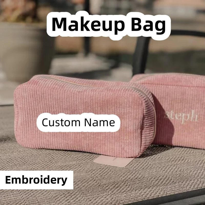 

Large Travel Cosmetic Bag For Women Customized Name Corduroy Female Toiletry Bag Ladies Storage Pouch Makeup Accessories