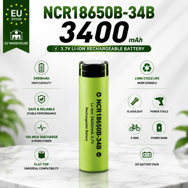 NCR 18650 34B Lithium-Akku 3400mAh 3.7V 10A Wiederaufladbare Li-Ionen-Flachkopf-Hochleistungs-Batteriezelle für Taschenlampen, LED-Beleuchtung, tragbare Elektronik, elektronische Geräte, schnelle