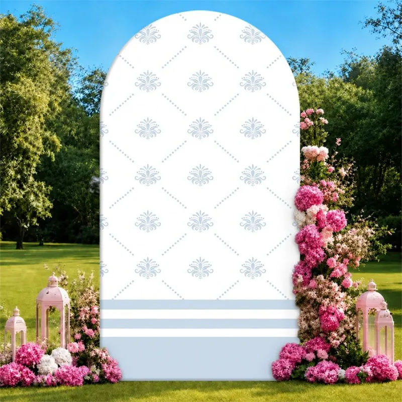 

Single Side Arch Backdrop Cover Elegant White Arched Backdrop with Subtle Blue Floral Pattern and Horizontal Stripes Ideal