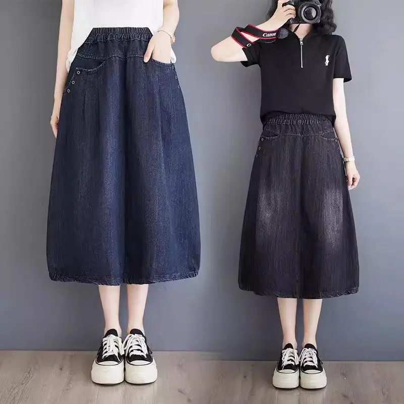 

Large Size Loose Hole Distressed White Denim Skirt For Women Summer High Waisted A-Line Umbrella Skirt Midi Jeans Saias K1035