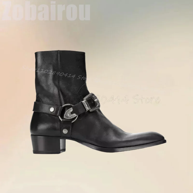 Black Buckle Decor Square Toe Mid Calf Boots Fashion Side Zipper Men Boots Luxury Handmade Party Office Banquet Men Dress Shoes - view 3